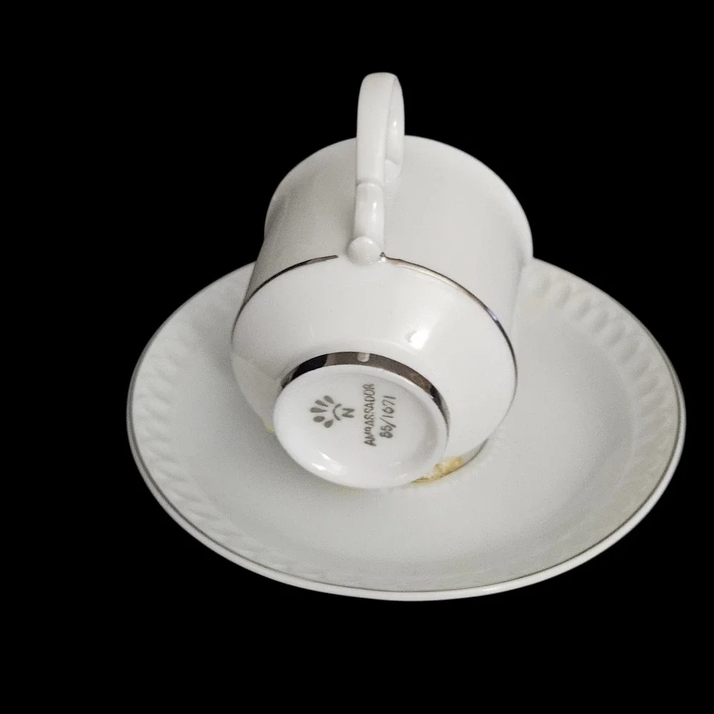 Repurposed Teacup Bird Feeder White Porcelain Silver Trim Decor